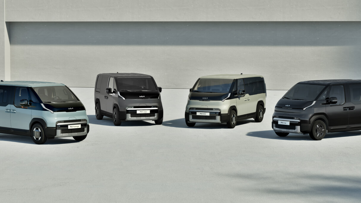 Lineup of the Kia PBV vehicles adapted for various roles including family, taxi, and last-mile delivery use cases