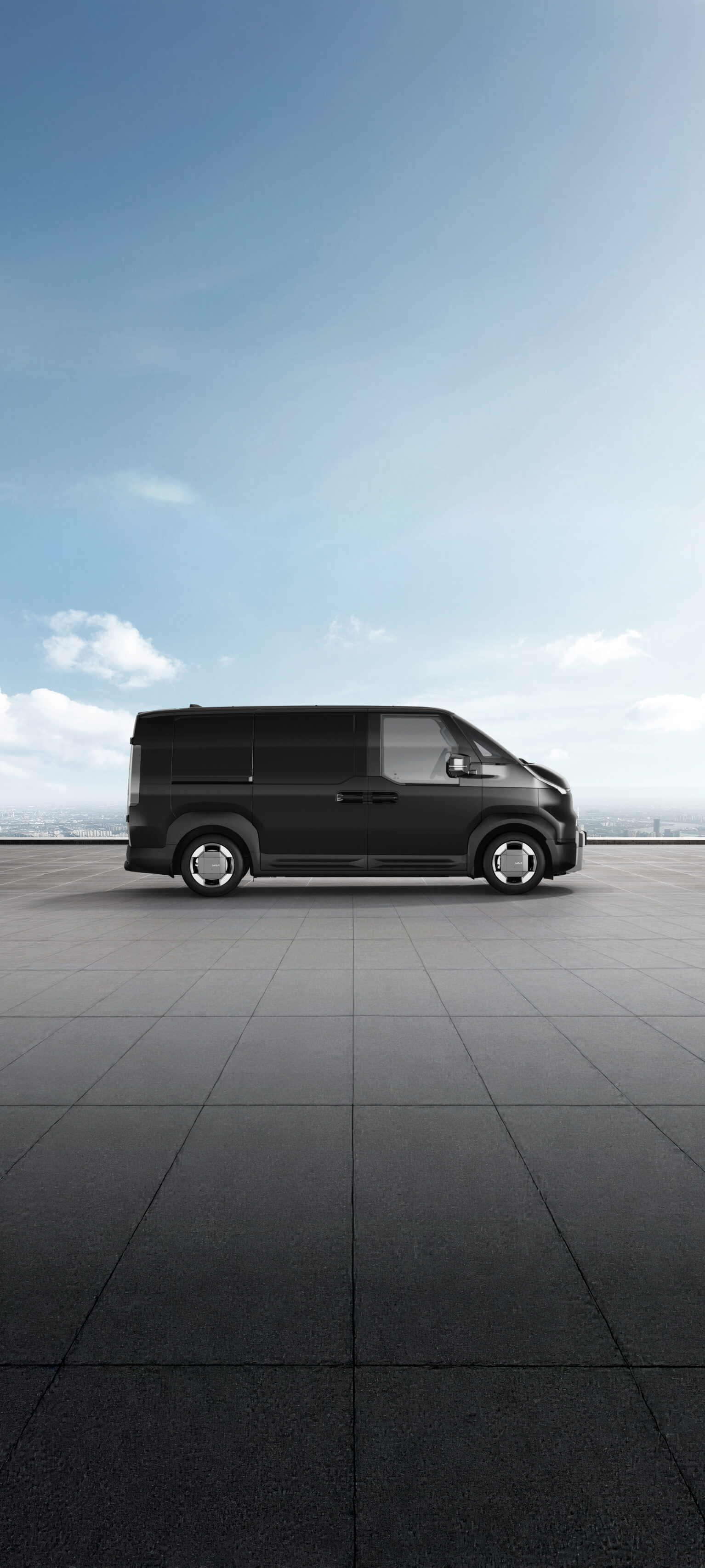Vista laterale di Kia PV5 Cargo in Aurora Black Pearl mostrata sul visualizzatore delle tinte carrozzeria