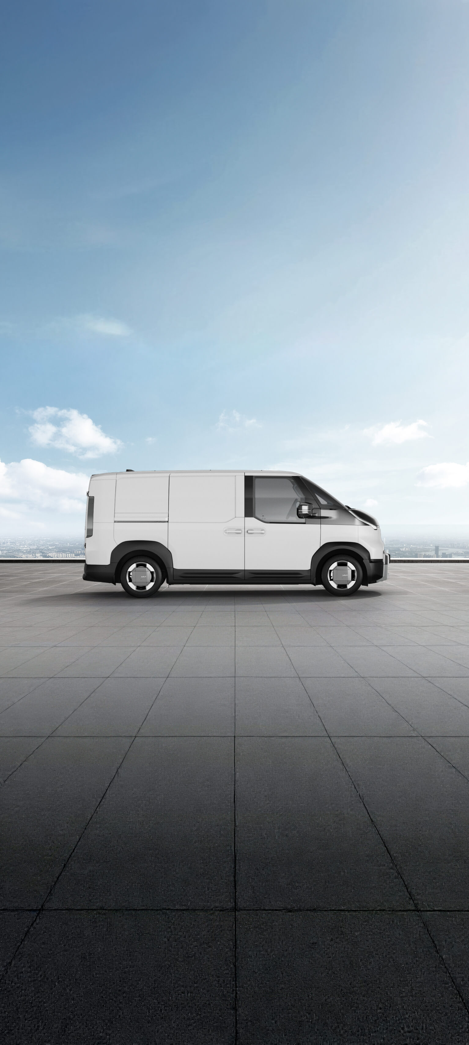 Vista laterale di Kia PV5 Cargo in Clear White mostrata sul visualizzatore delle tinte carrozzeria