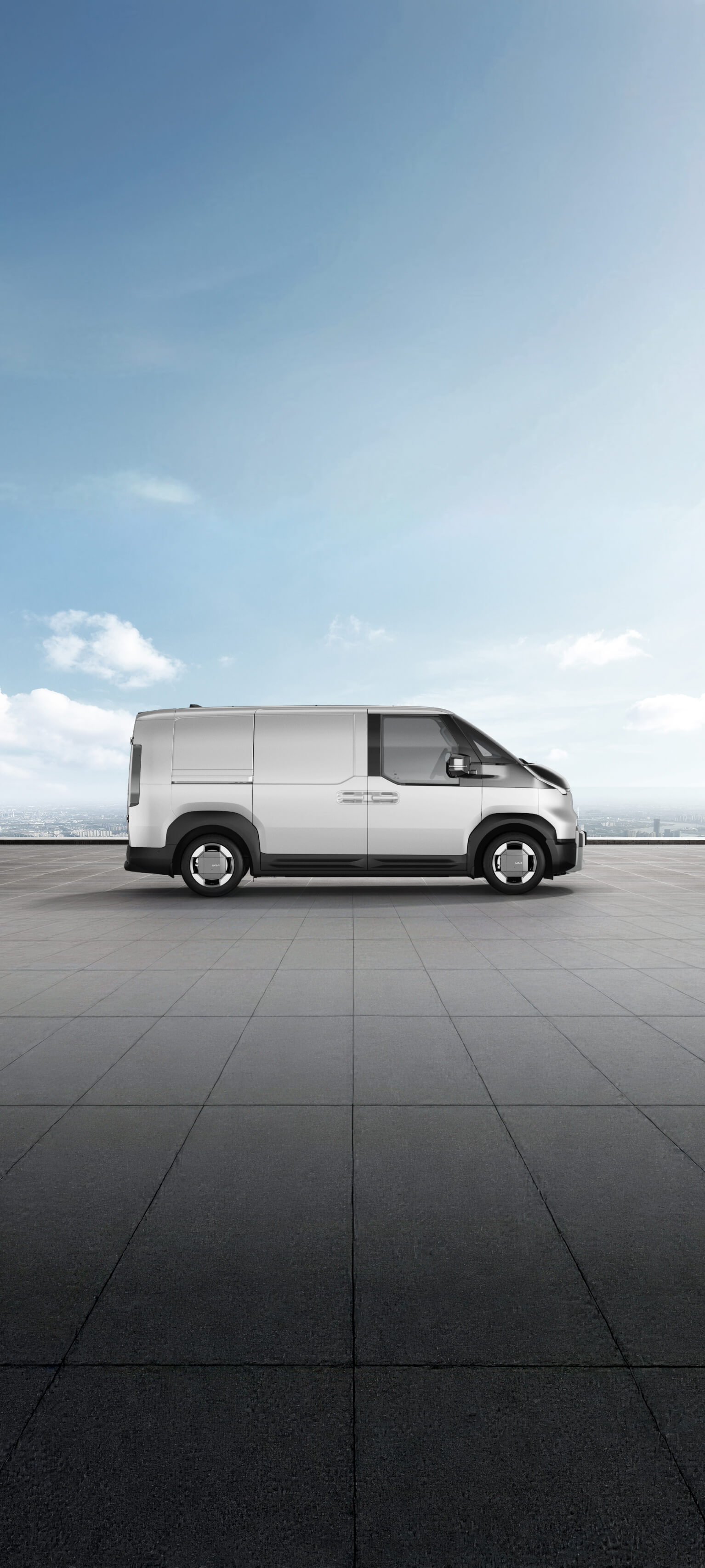 Side view of the Kia PV5 Cargo in snow white pearl shown on exterior color visualizer