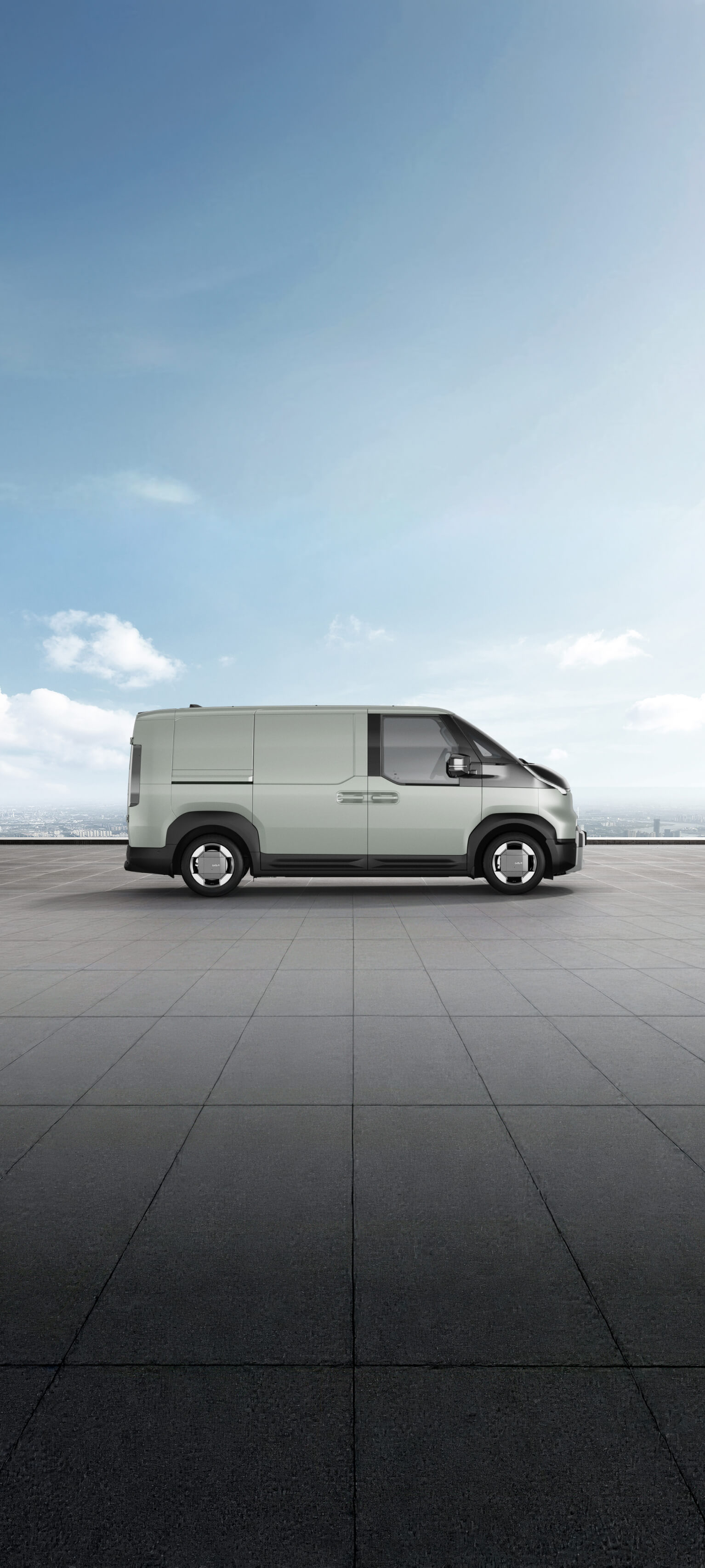 Vista laterale di Kia PV5 Cargo in Soft Mint mostrata sul visualizzatore delle tinte carrozzeria