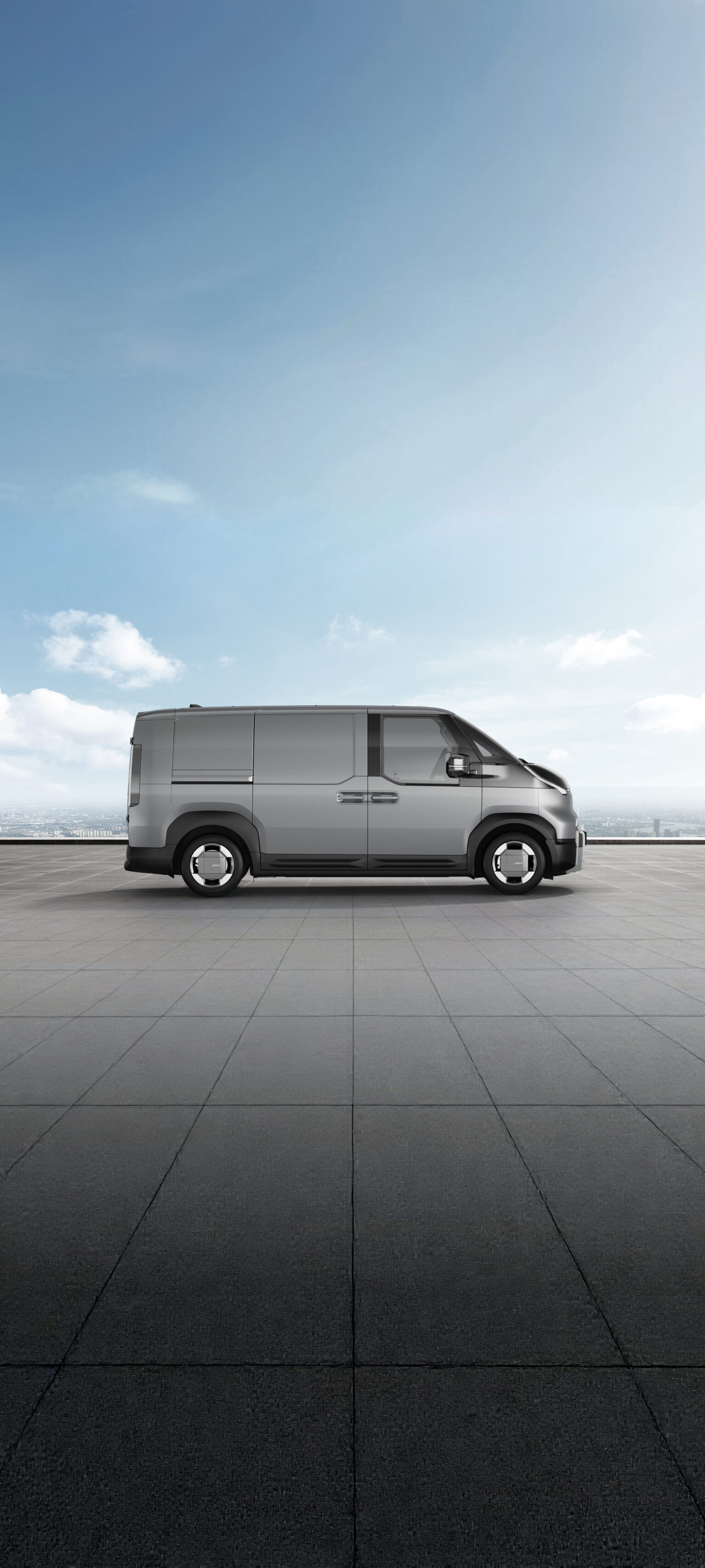 Vista laterale di Kia PV5 Cargo in Steel Grey (Gloss) mostrata sul visualizzatore delle tinte carrozzeria