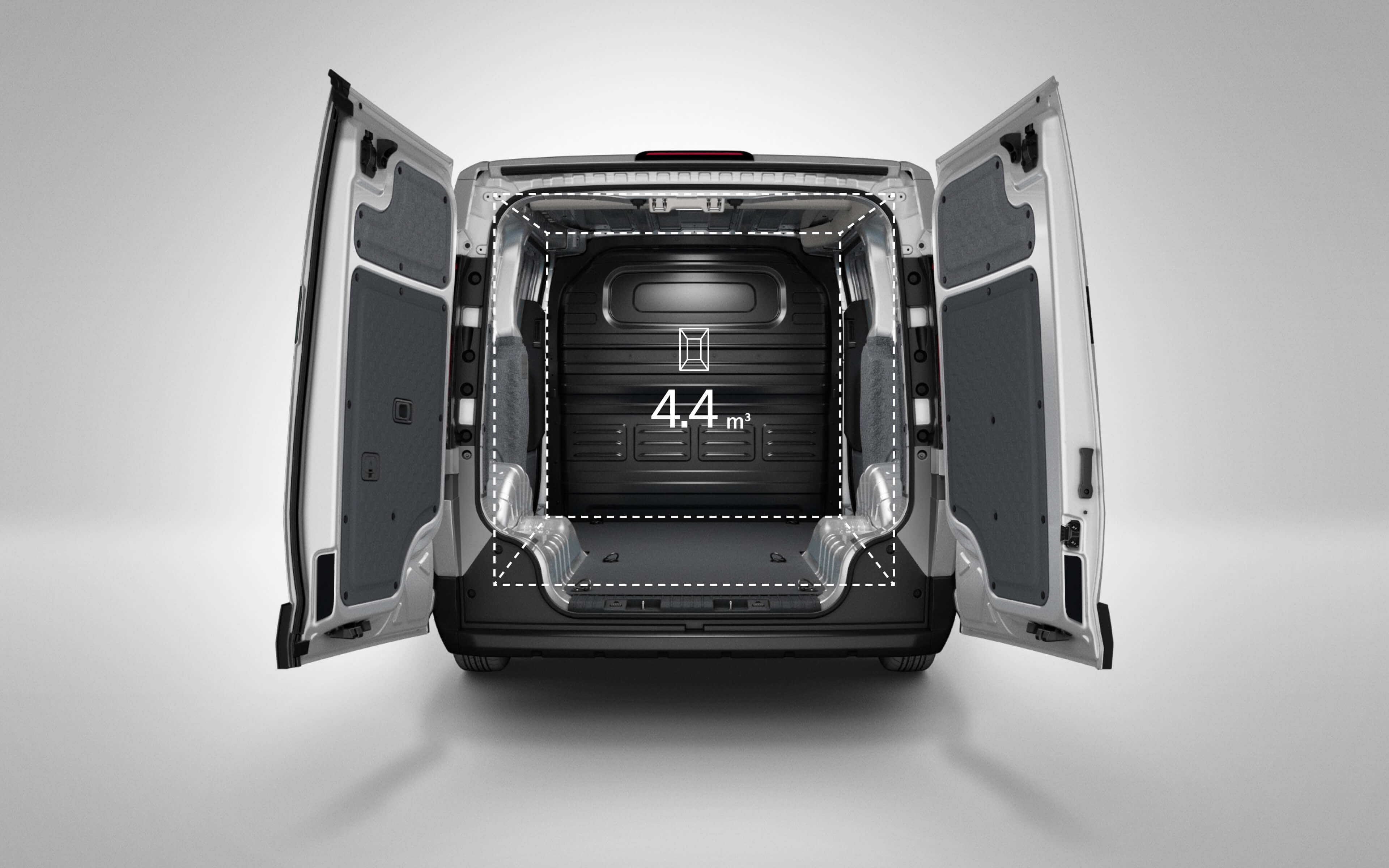 Vista posteriore di Kia PV5 Cargo che mostra il volume dello spazio di carico di 4,4㎥