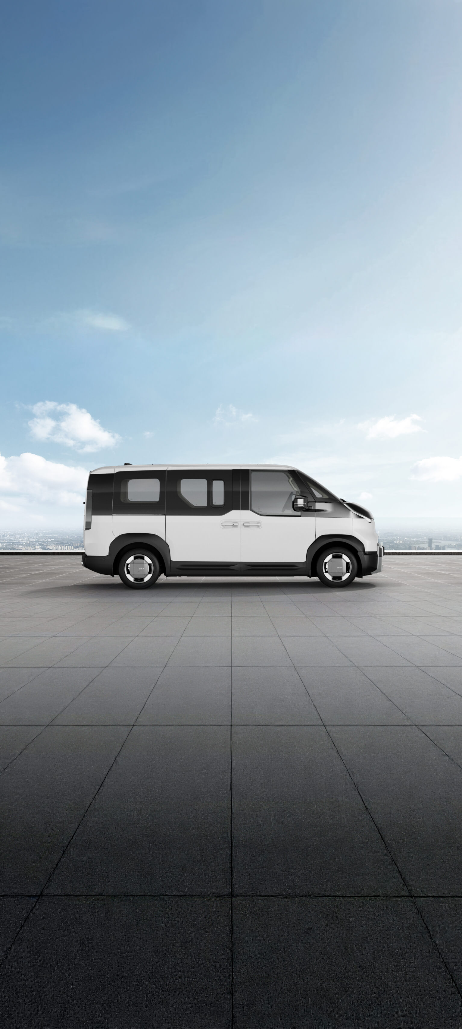 Side view of the Kia PV5 Passenger in clear white shown on exterior color visualizer