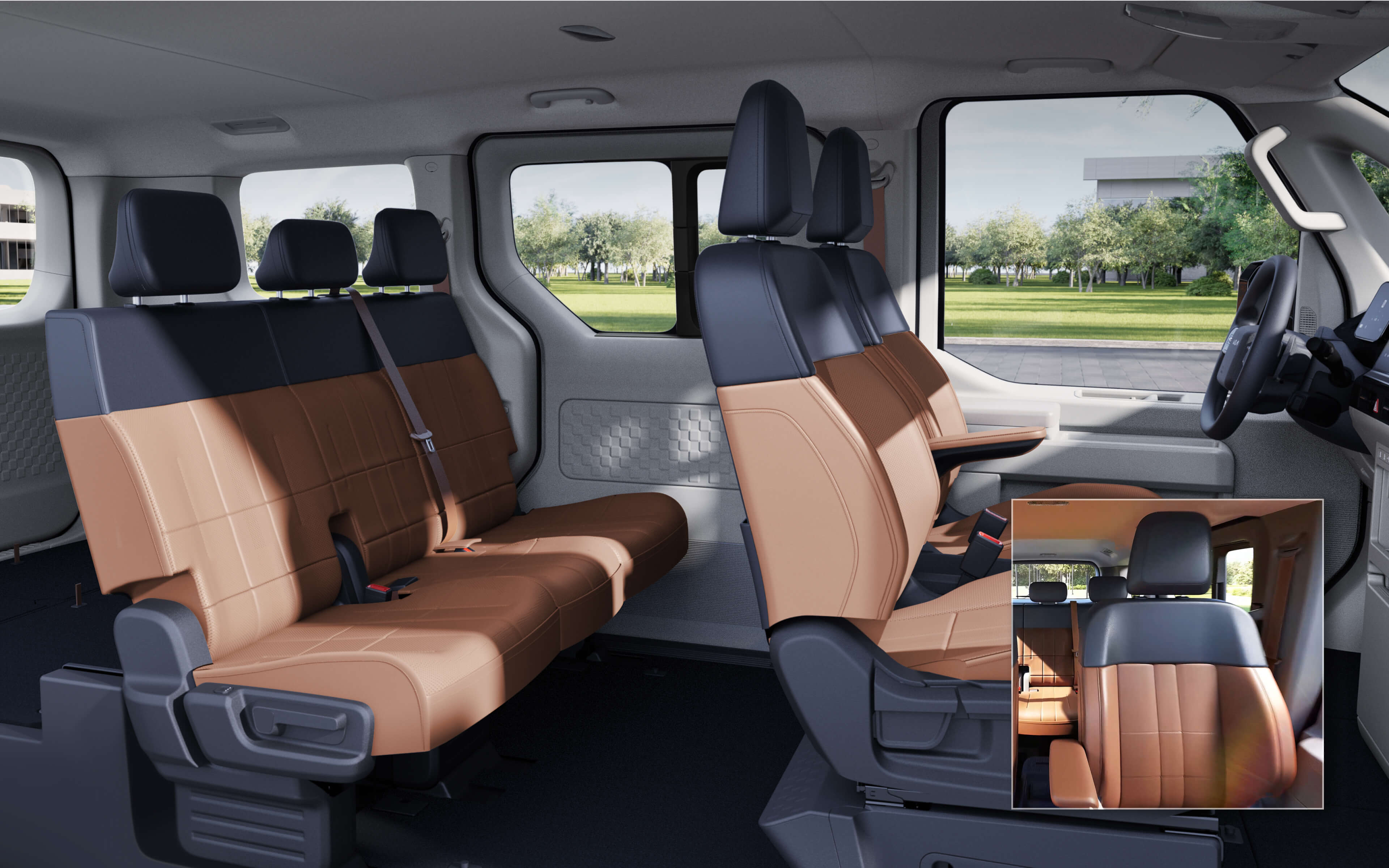 Rear interior of the Kia PV5 Passenger with heated second-row seats, swivel seating for better conversation, and lumbar support for long-distance comfort