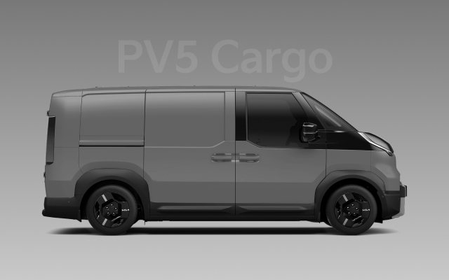 Side view of the grey Kia PV5 Cargo with solid panel doors