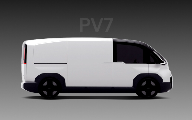 Side view of the white Kia PV7 with long wheelbase design