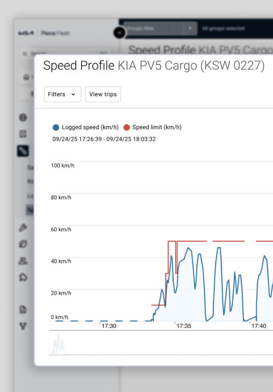 Geschwindigkeitsprofil-Diagramm zum Vergleich der aufgezeichneten Fahrgeschwindigkeiten mit den angegebenen Geschwindigkeitsbegrenzungen zur Analyse des Fahrverhaltens.