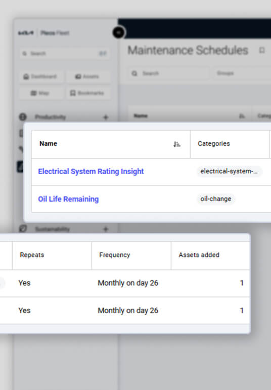 Interface für Wartungsplanung mit einer Liste routinemäßiger Serviceaufgaben, Kategorien und Wiederholungsintervalle für jedes Fahrzeug.