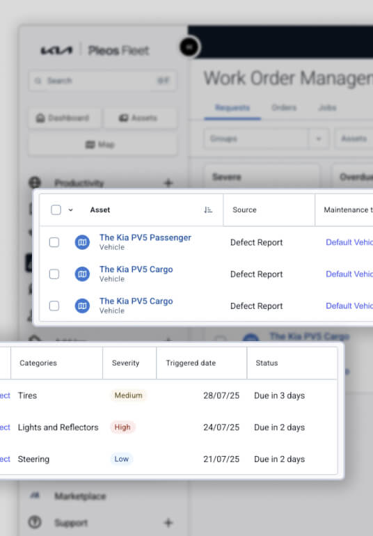 Work-Order-Management-Dashboard mit Fahrzeugmängelberichten, einschließlich Prioritätsstufen und Fälligkeitsdaten.
