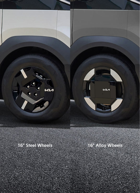 Kia PV5 Cargo steel and alloy wheels shown side by side