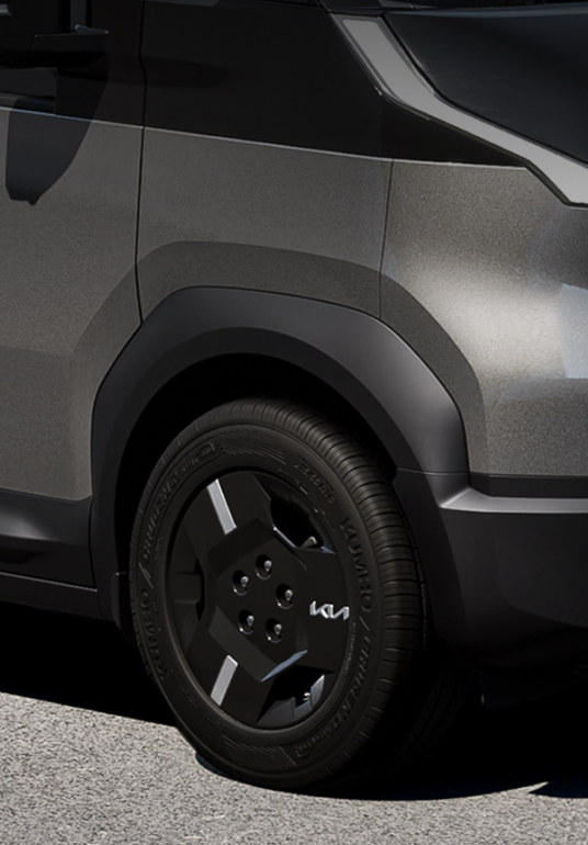 Close-up of the Kia PV5 Cargo front wheel