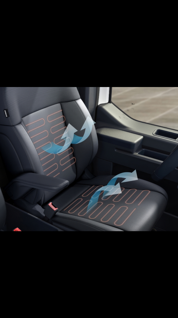 Close-up of the Kia PV5 Cargo seat with ventilated and heated function highlighted