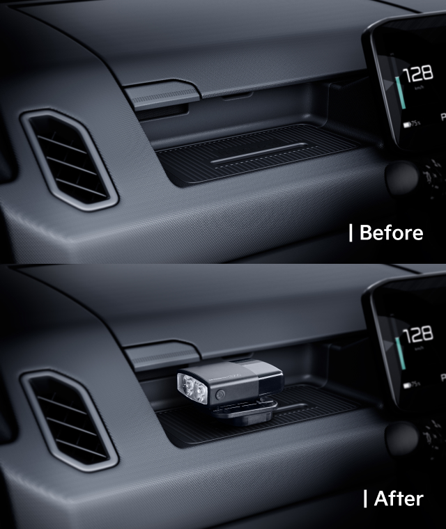 Dashboard view showing the AddGear with and without a compact flashlight mounted