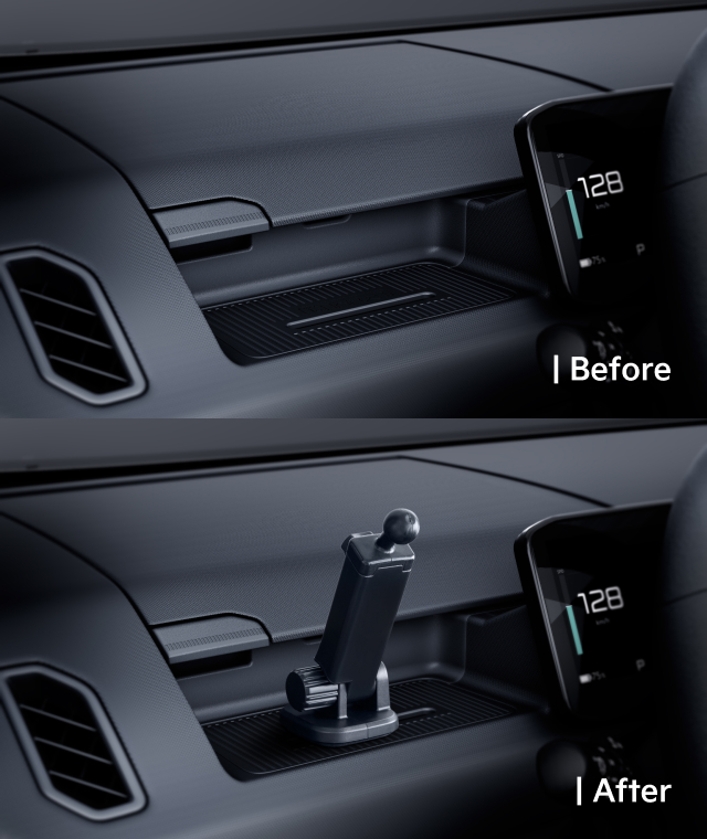 Dashboard view showing the AddGear with and without an phone holder mounted