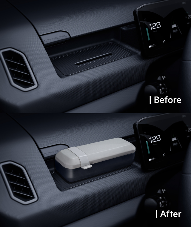Dashboard view showing the AddGear with and without a sunglasses case mounted