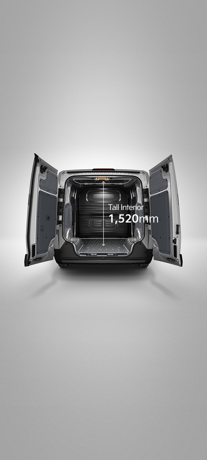 Rear view of the Kia PV5 Cargo with opened cargo doors