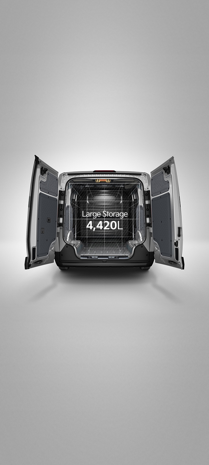 Rear view of the Kia PV5 Cargo with opened cargo doors