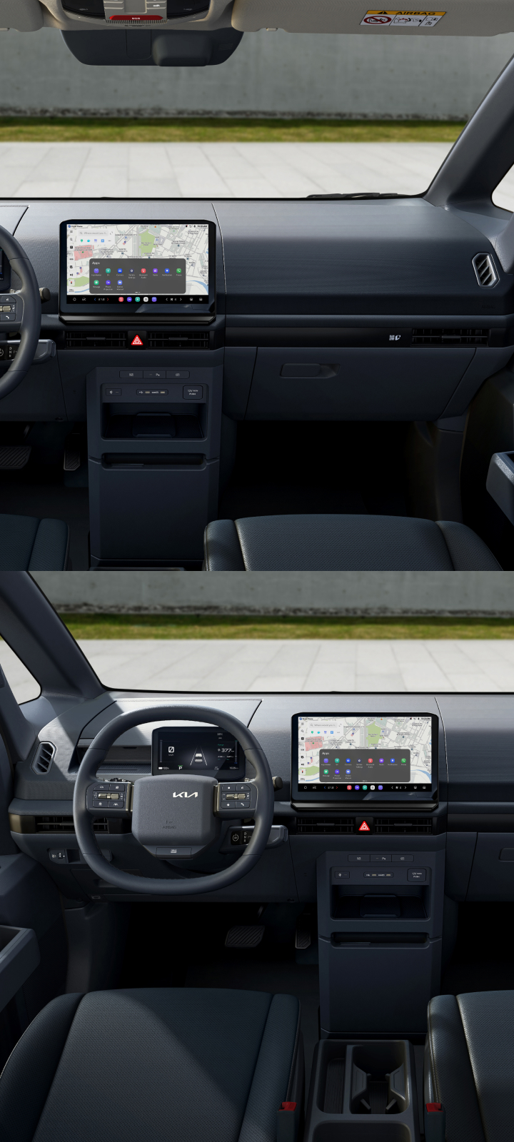 Front driver’s view of Kia PV5 interior showing steering wheel and infotainment display