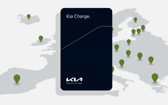 Kia Charge card shown above a map with green location markers across Europe