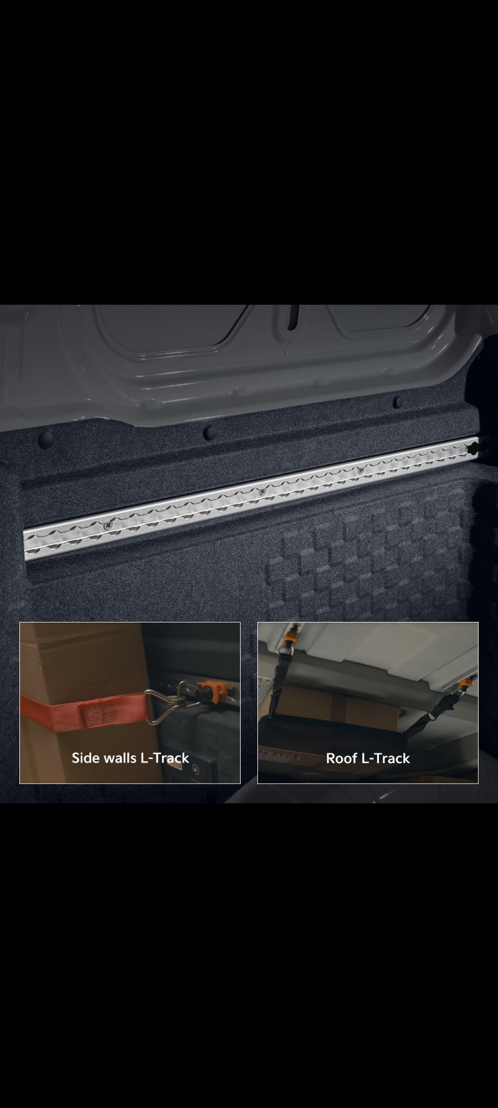 Close-up of the Kia PV5 Cargo L-track rail with inset examples of secured items