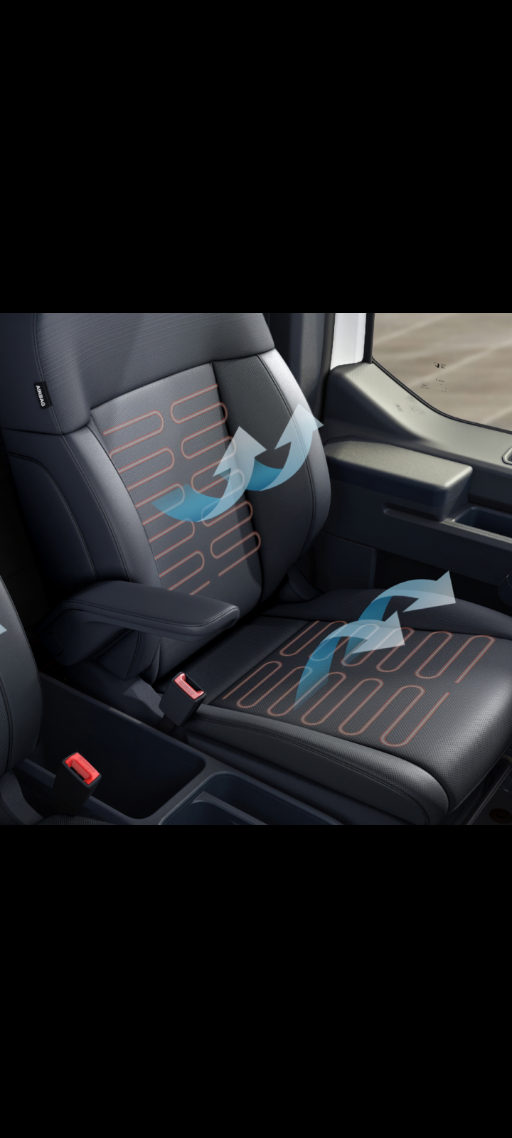 Close-up of the Kia PV5 Cargo seat with ventilated and heated function highlighted