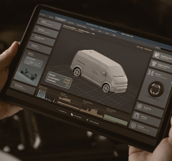 Hands holding a tablet showing a 3D model of a vehicle with diagnostic and system data