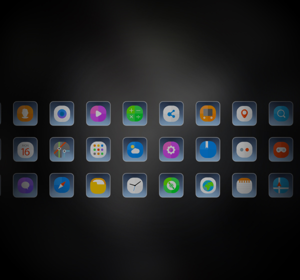 Grid of colourful app icons on a dark automotive infotainment interface