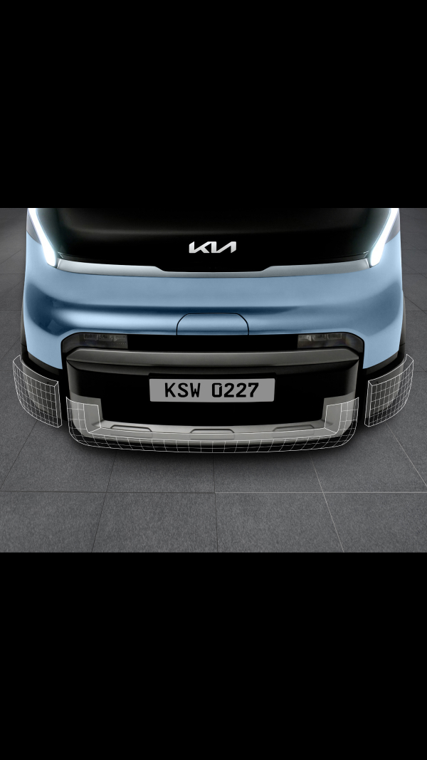 Front close-up of the Kia PV5 Passenger bumper showing three-piece repair structure