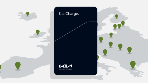 Kia Charge card shown above a map with location markers across Europe