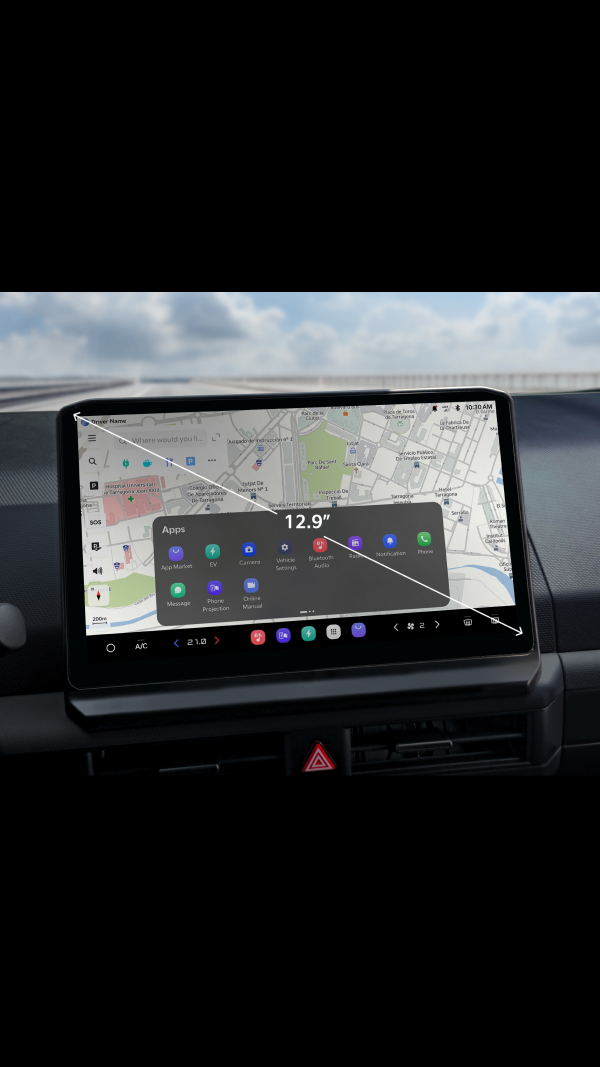Close-up of the Kia PV5 Passenger infotainment display showing navigation interface