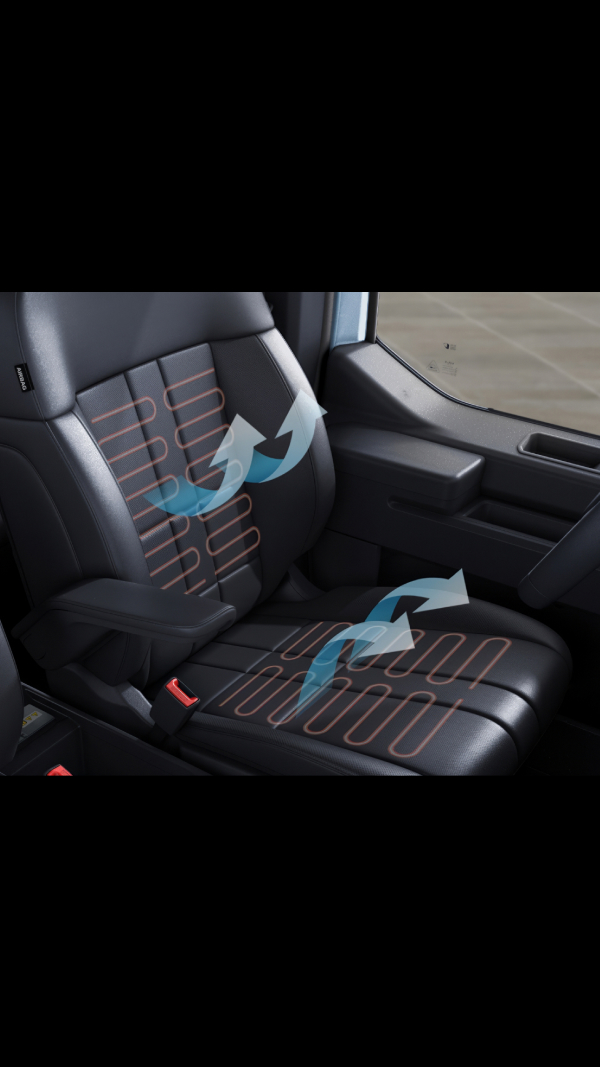 Close-up of the Kia PV5 Passenger seat with ventilated and heated function highlighted