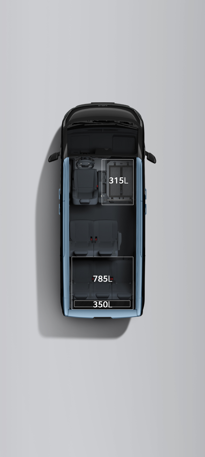 Top view of the Kia PV5 Passenger 6-seater configuration, showing 350 L of rear luggage space, 785 L with the third-row seats folded, and an additional 315 L of cargo space beside the front passenger seat.