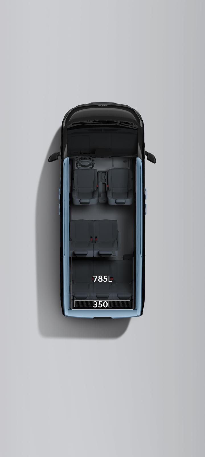 Top view of the Kia PV5 Passenger 7-seater configuration, showing 350 L of rear luggage space and up to 785 L of cargo capacity with the third-row seats folded.