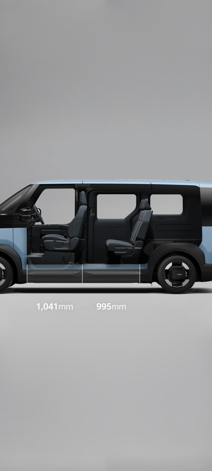 Side cutaway view of the Kia PV5 Passenger 5-seater interior, highlighting spacious legroom with 1,041 mm in the front row and 995 mm in the second row.