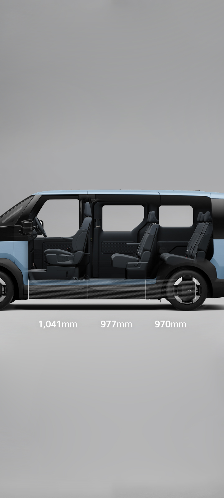 Side cutaway view of the Kia PV5 Passenger 6- and 7-seater interior, showing three-row legroom of 1,041 mm in the front, 977 mm in the second row, and 970 mm in the third row.