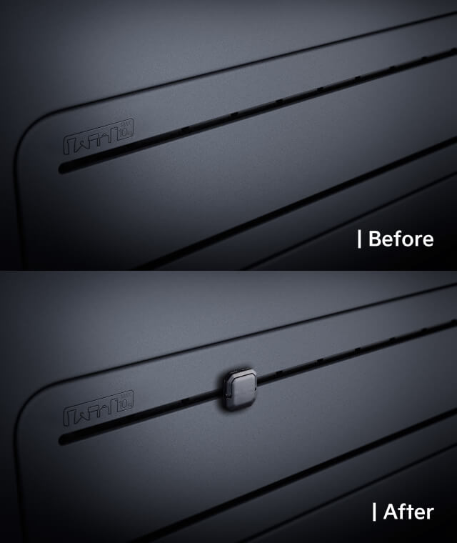 Close-up view of a small square Kia holder mounted on the AddGear, shown with and without the holder attached