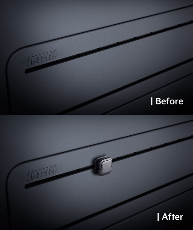 Close-up view of a Kia hook attached to the AddGear, shown with and without the holder attached