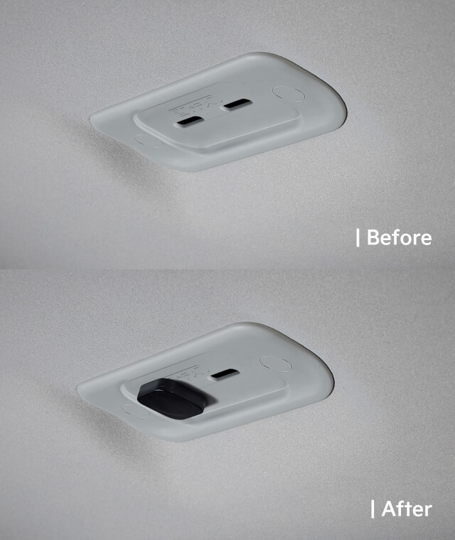 View of a magnetic holder fixed to the vehicle ceiling, shown with and without the holder attached