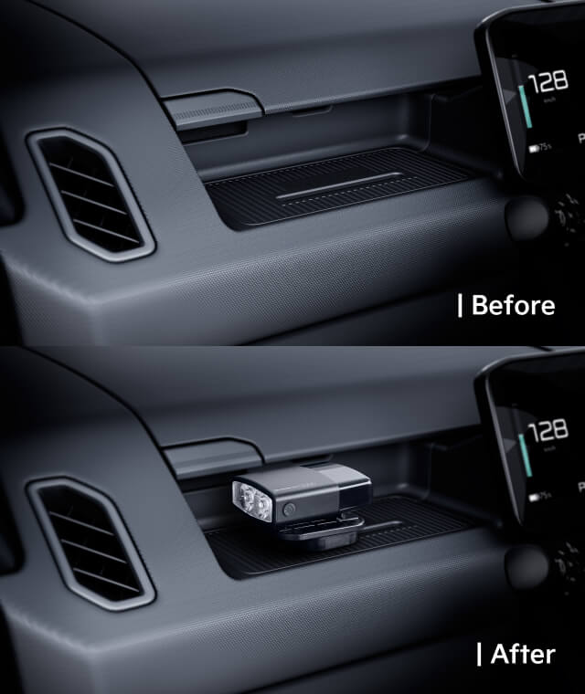 Dashboard view showing the AddGear with and without a compact flashlight mounted