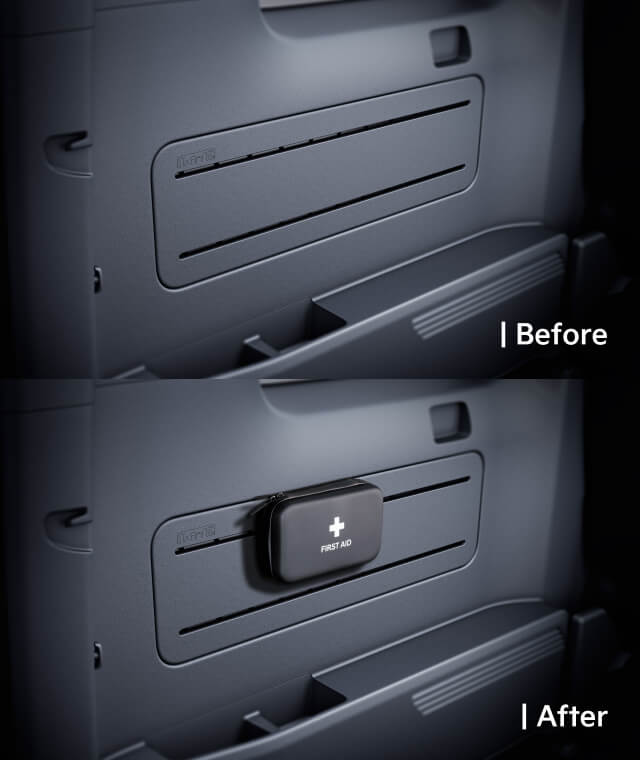 Dashboard view showing the AddGear with and without an emergency kit mounted