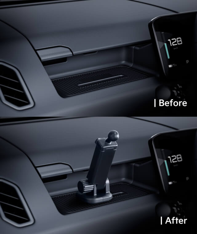 Dashboard view showing the AddGear with and without a phone holder mounted