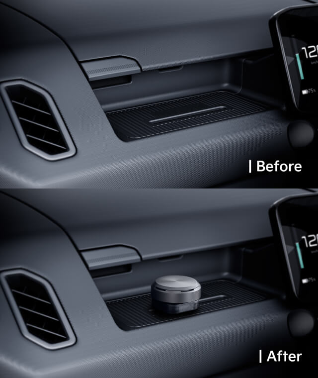 Dashboard view showing the AddGear with and without an air freshener mounted