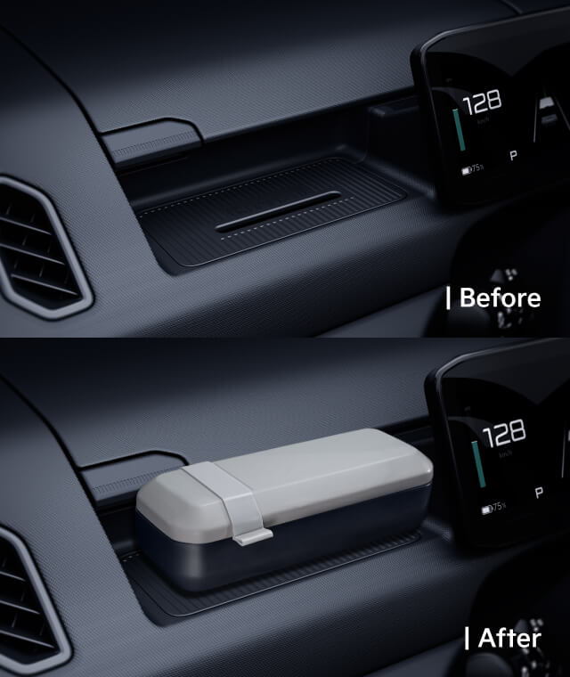 Dashboard view showing the AddGear with and without a sunglasses case mounted