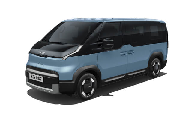 Full front-side view of the blue Kia PV5 Passenger