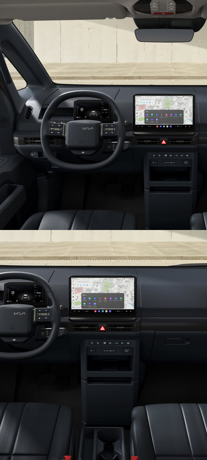 Interior view of the Kia PV5 Passenger cabin with front and rear seating