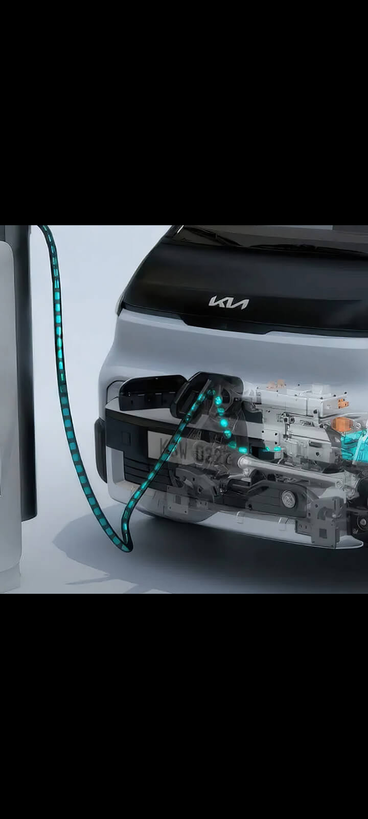 Close-up of front charging port with electric flow graphic