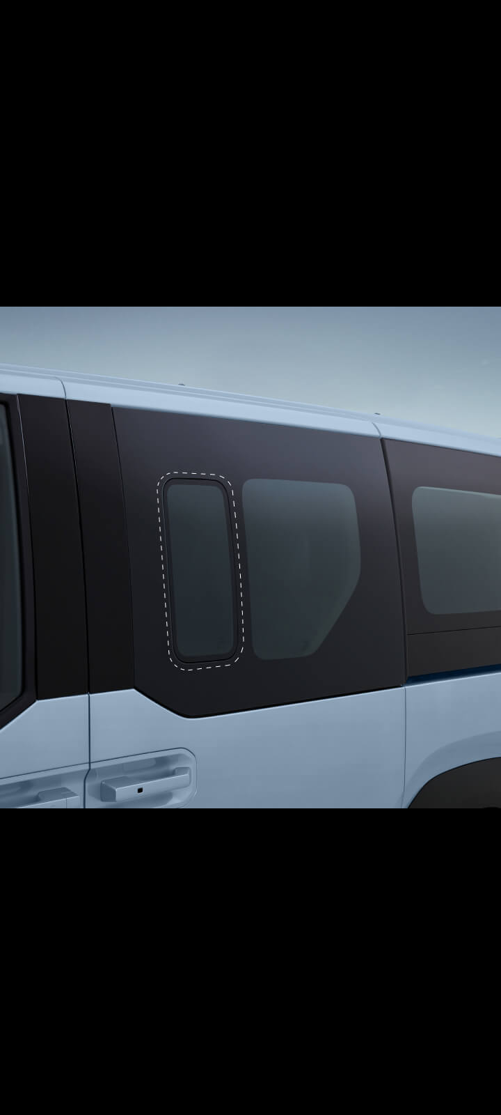 Close-up of the Kia PV5 Passenger flush glass window with seamless design