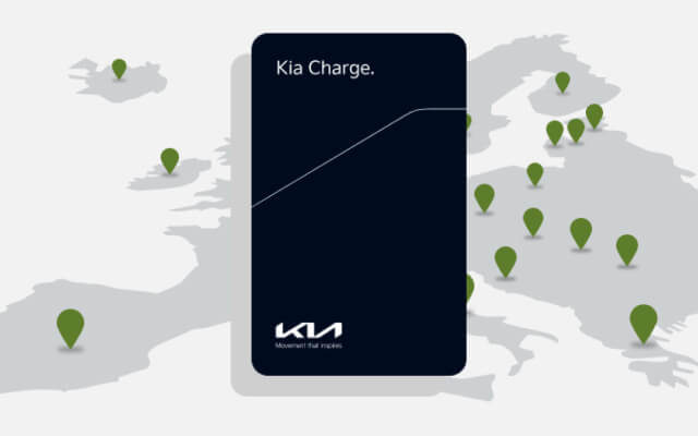 Kia Charge card shown above a map with green location markers across Europe