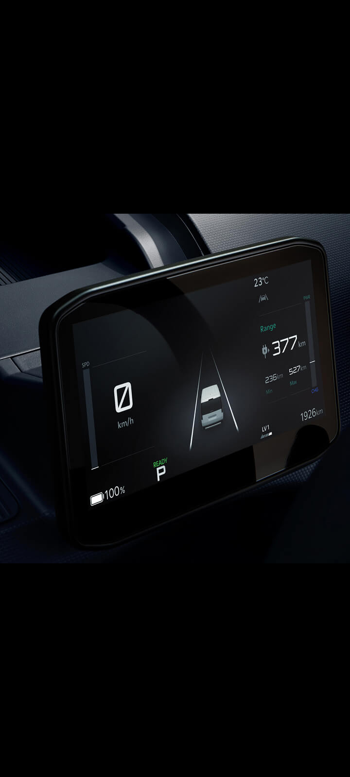 Close-up of the Kia PV5 Passenger digital cluster with driving information